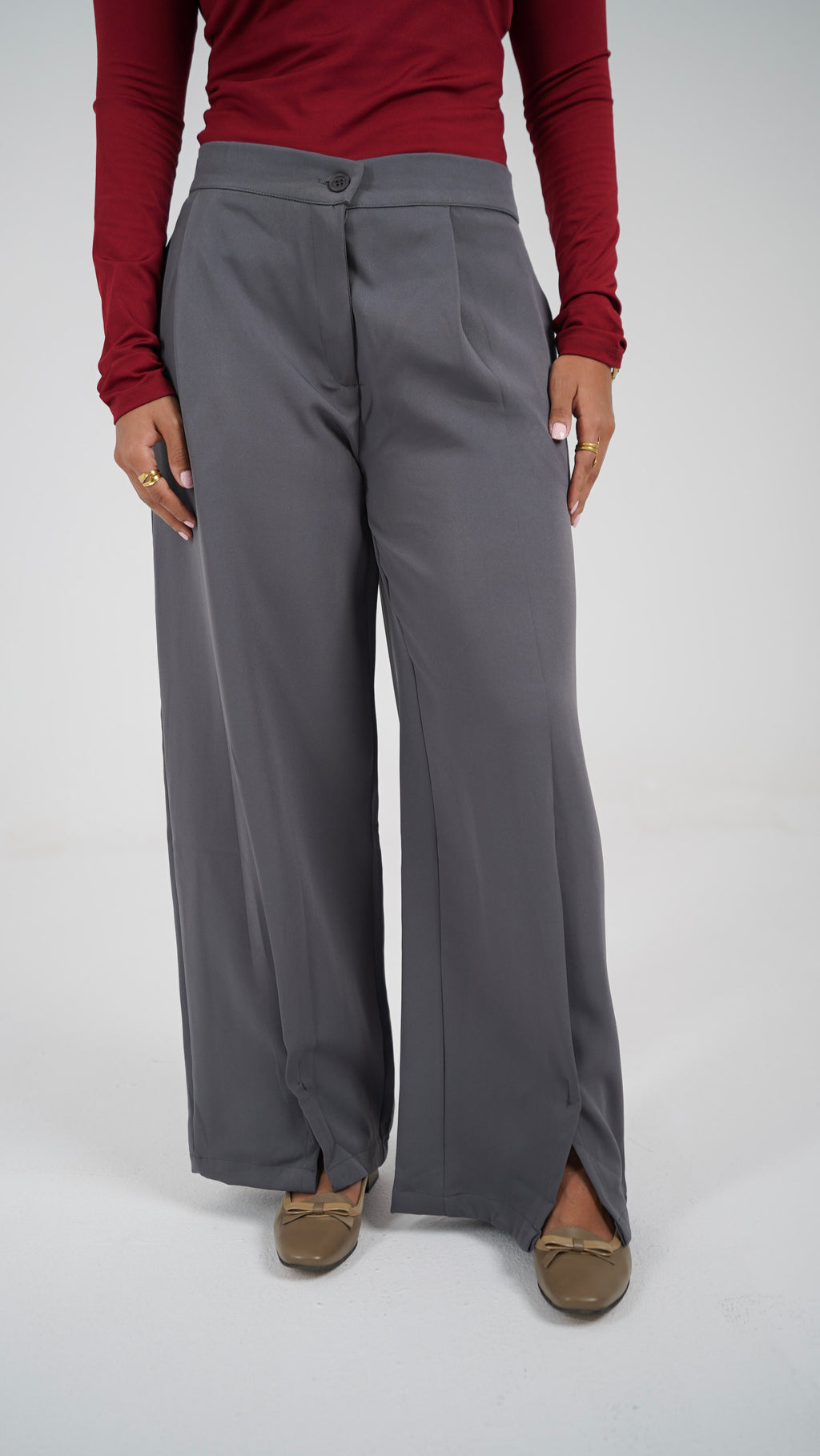 The Everyday Pants in grey, front, waist to hem