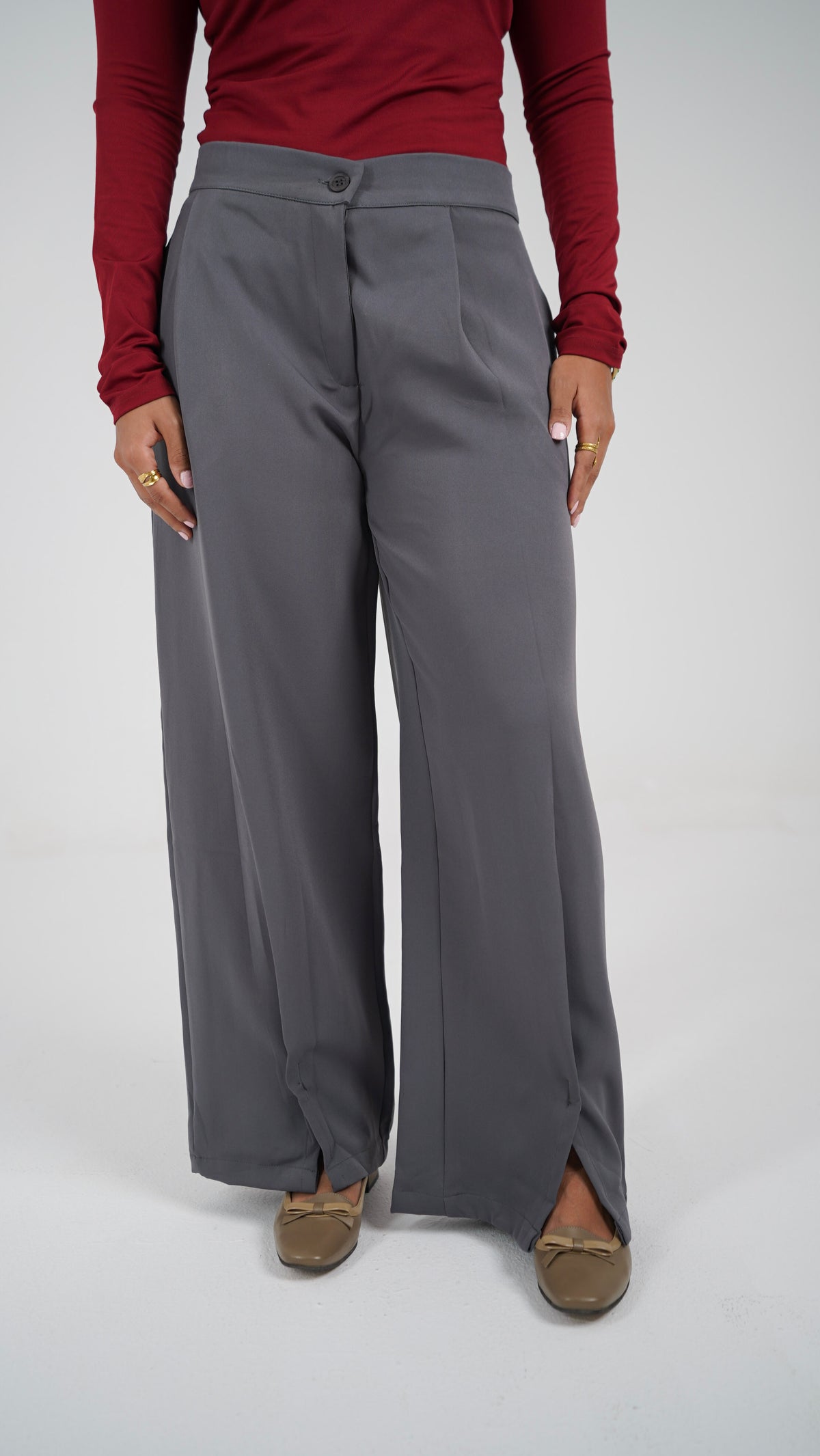 The Everyday Pants in grey, front, waist to hem