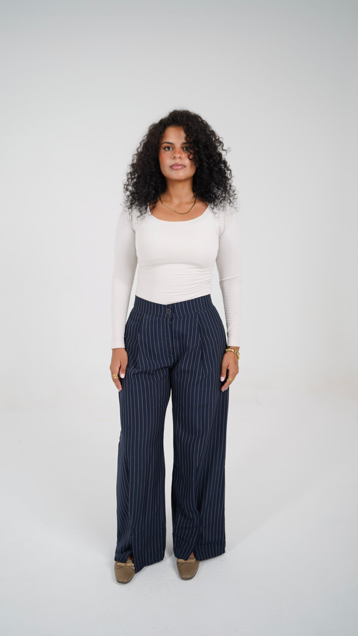 The Navy Pinstripe Pants, full length, front