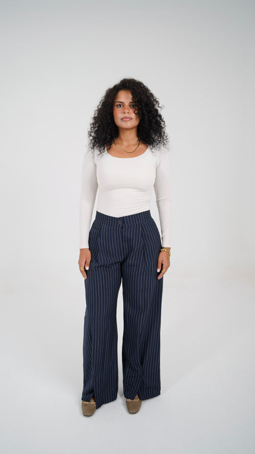 The Navy Pinstripe Pants, full length, front