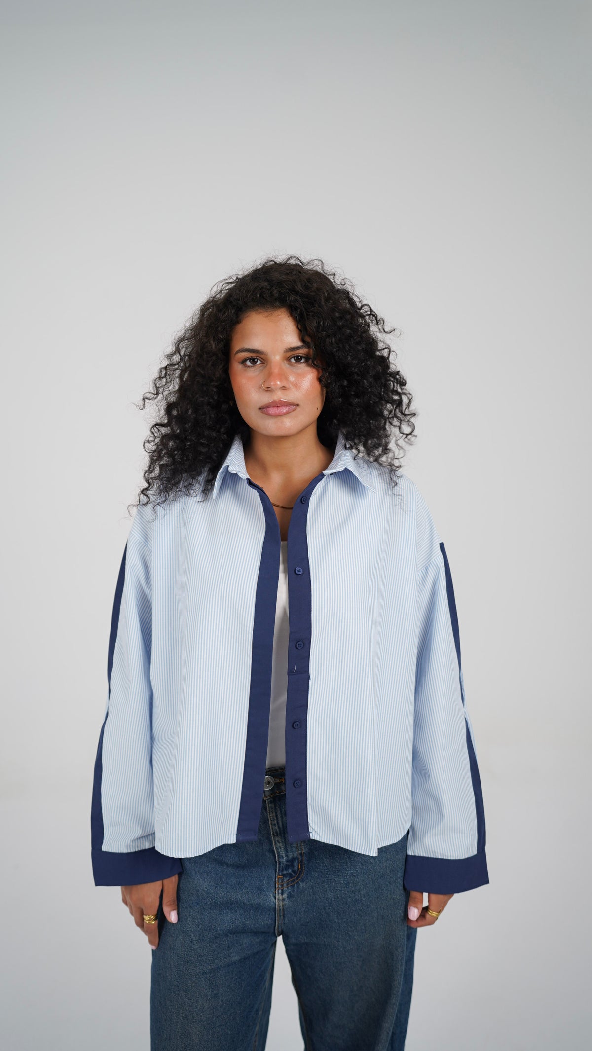 The Blue Stripe Shirt, front, worn open