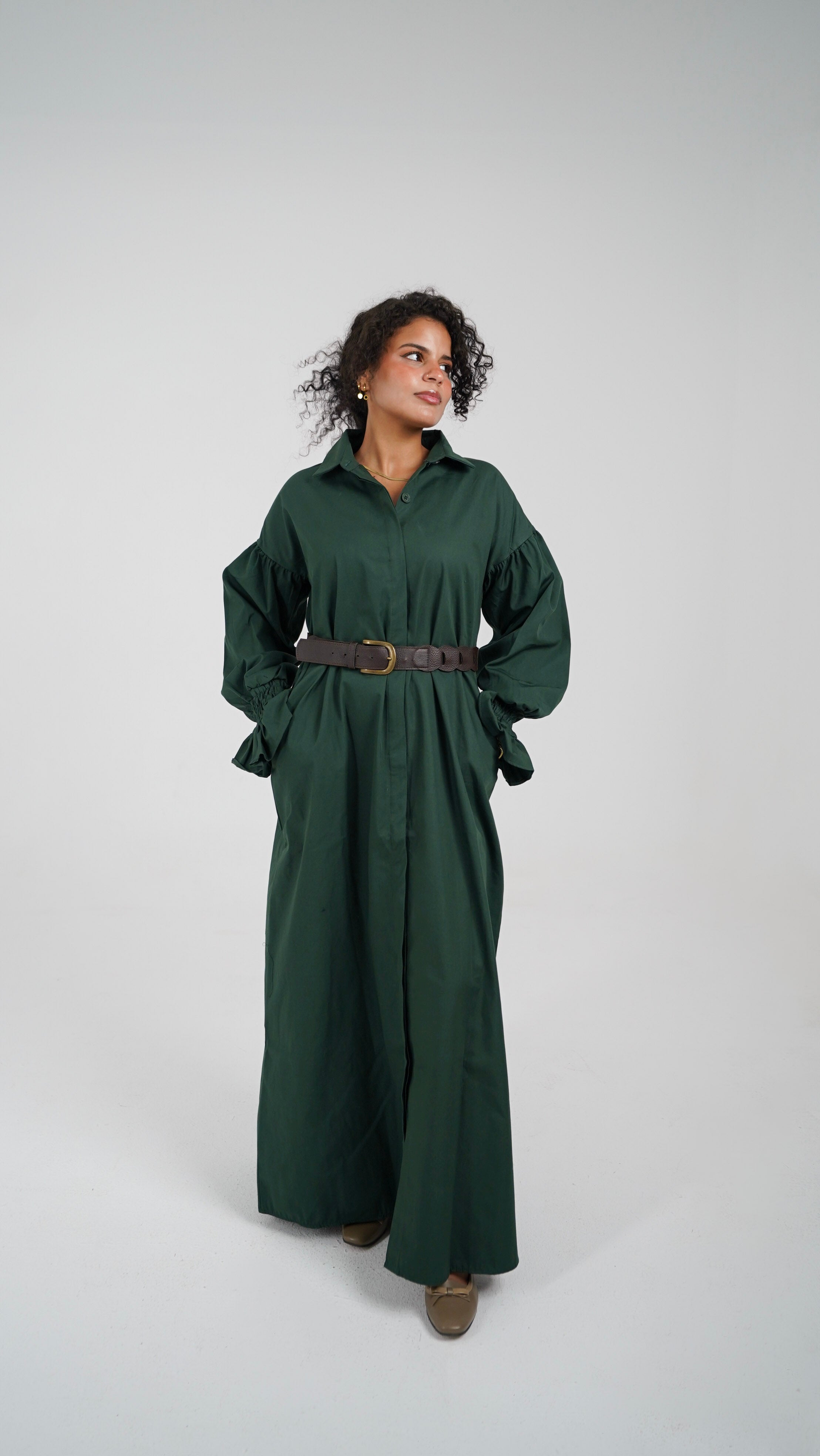 The Olive Dress, full length, worn closed with a belt