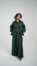 The Olive Dress, full length, worn closed with a belt