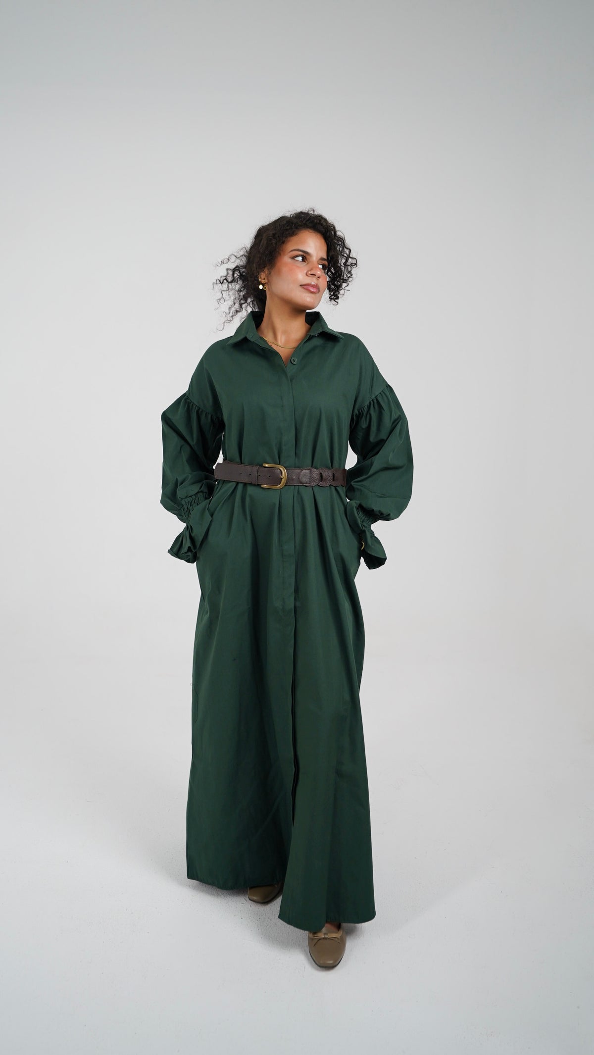 The Olive Dress, full length, worn closed with a belt